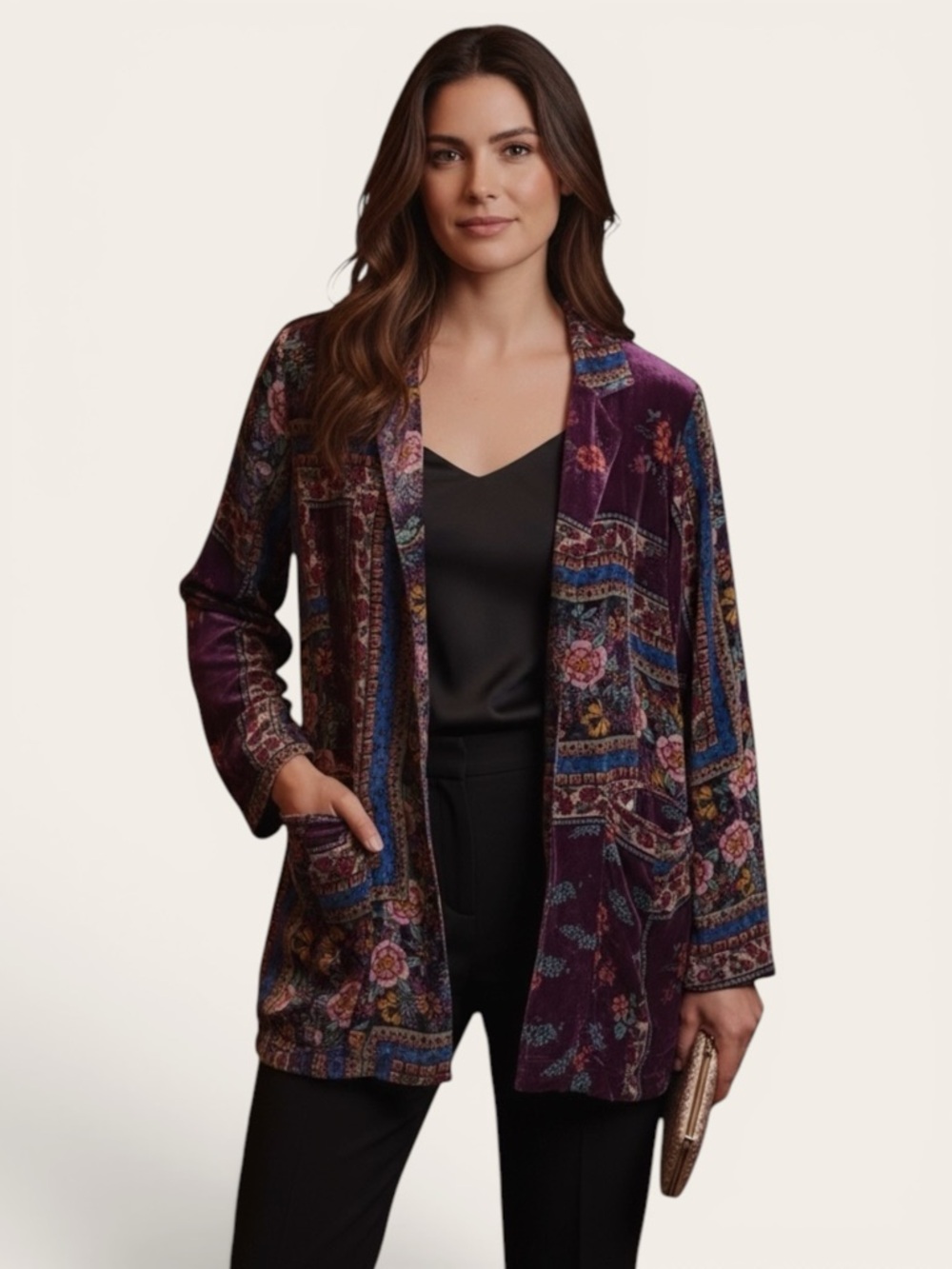 Johnny Was Multicolor Silk Velvet Jacket w/ colorful silk lining. Med.